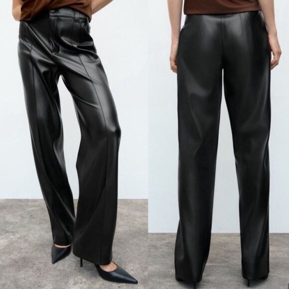 Zara Francoise Trouser Pants Black Faux Leather Straight Leg Full Length - Picture 2 of 8